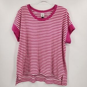 Cabi Backyard Tee Womens Size Large Short Sleeve Pink White Striped